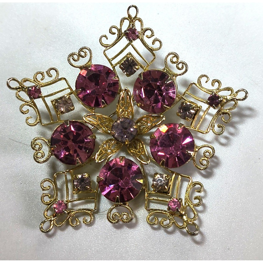 Vintage Filigree Open Work Star Shaped Brooch Gold Tone Pink Lavender Rhinestone